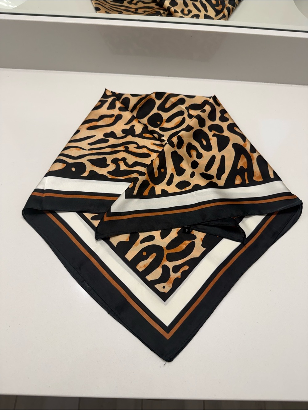 Leopard Print Silky Scarf - Black, Tan & White 26 inches square